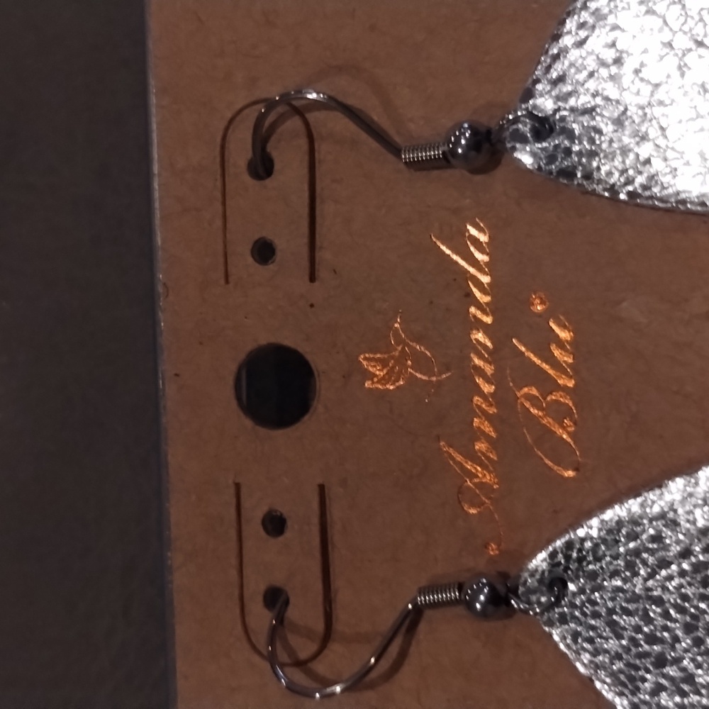 Silver Teardrop Dangle Earrings- Leather - Amanda Blue - Picture 4 of 8